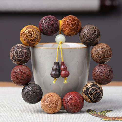 Zen Dear Unisex Natural Colorful Wood Buddhist Prayer Beads Bracelet Necklace Tibetan Mala Prayer Beads - style: 20mm 12beads Carve+Gourd