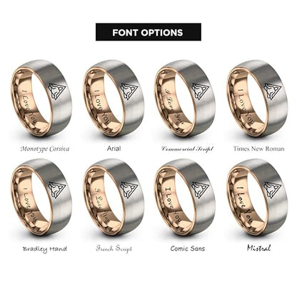 Gift for Yoga Fan - Yoga Meditation Ring - Flat Dome Bevel - Band - Men Women - Brushed Polished - Tungsten - Personalized Custom Engraving - 8mm - Anniversary Wedding - Yellow Rose Gold Silver - color: 03 - Rose Gold Grey Tungsten