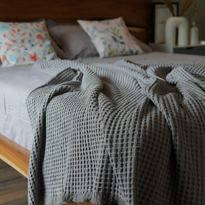 The Fine Living Co. 100% Cotton Waffle Throw Blanket - Lightweight, Soft and Breathable Throw Blanket for All Season- Skin-Friendly Blanket for Couch, Bed, Sofa- 50”x60” inches, Mineral Gray