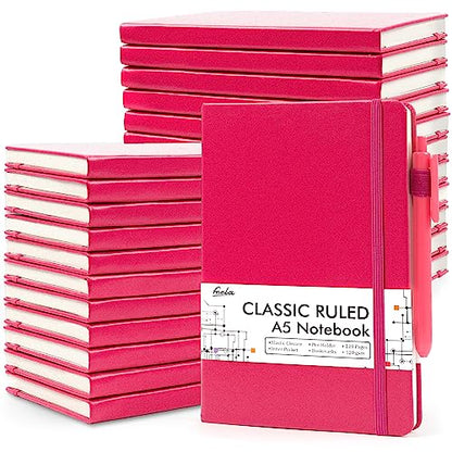 feela 24 Pack Journal Notebook for Work, Business Notebook Bulk Hardcover Lined Writing Journal with Pen Holder for Men Women Note Taking, with 24 Black Pens, 120 GSM, 5.1”x8.3”, A5, Berry - color: 24 Pack berry