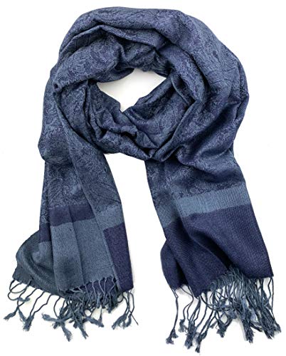 Plum Feathers Two Tone Vintage Paisley Pattern Pashmina Scarf - color: Navy