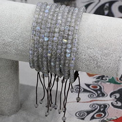 Keleny Natural Gemtones 4mm Round Beads Crystal Adjustable Braided Macrame Tassels Bracelets Unisex - color: Grey Labradorite