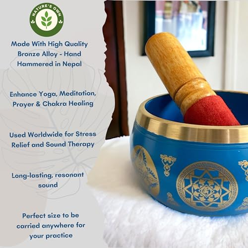 Nature's Own Tibetan Singing Bowl Set- Easy to Play- Meditation Sound Bowl Handcrafted in Nepal for Yoga, Mindfulness, Chakra Healing, Stress Relief- Spiritual Gifts for Women and Men (3.5 Inch, Blue)