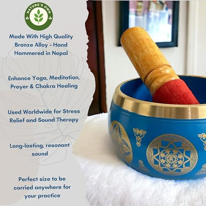 Nature's Own Tibetan Singing Bowl Set- Easy to Play- Meditation Sound Bowl Handcrafted in Nepal for Yoga, Mindfulness, Chakra Healing, Stress Relief- Spiritual Gifts for Women and Men (3.5 Inch, Blue)