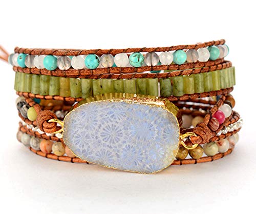 Boho Wrap Bracelet for Women, Handmade Natural Imperial Jasper Multi-Layer Stone Beaded Bracelet, Bohemian Healing Crystal Stone Jewelry Gifts - color: Agalmatolite