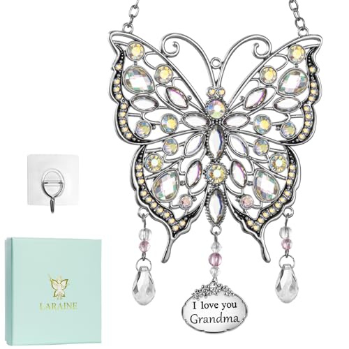 Butterfly Rhinestones Hanging Ornaments Charm Mom Mother's Day Butterfly Wind Chime Ornament Charm with Metal Heart Gifts for Mom Grandma Aunt Birthday (Silver, Grandma) - color: Silver, size: Grandma