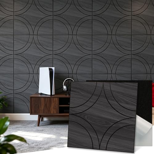 Acoustic Wall Panels 23.6x23.6 Inch 8 Pack, Circle Pattern, Sound Absorbing Peel and Stick Wall Decor, PET Felt Core with PVC Wood Grain, for Living Room Bedroom Home Office, Black Oak - color: Circle, Black Oak, size: 8 Pack Curved