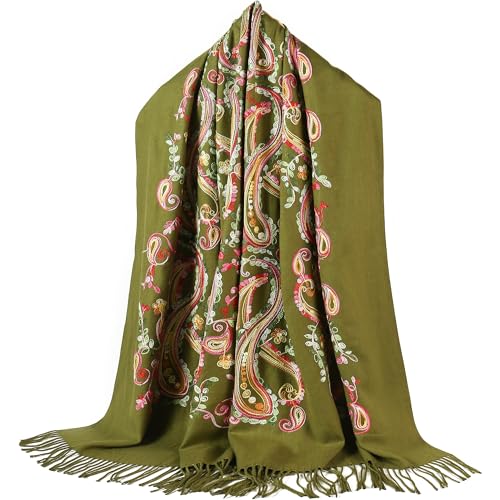 Embroidered Brushed Shawl Paisley Leaves Pattern Scarf Soft Ponchos Wrap Cape With Fringes - color: 024-olive