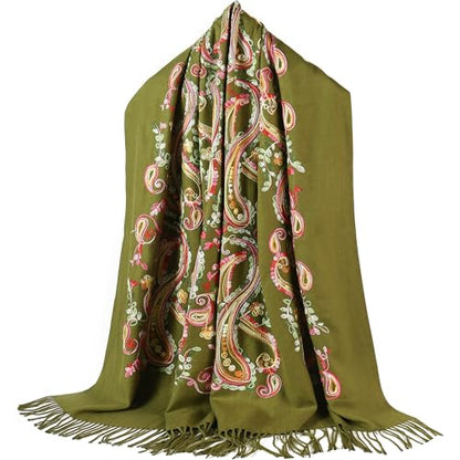 Embroidered Brushed Shawl Paisley Leaves Pattern Scarf Soft Ponchos Wrap Cape With Fringes - color: 024-olive