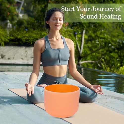 432HZ 11 Inchs Frosted Crystal Singing Bowl Set for Meditation Healing Yoga Chakra Quartz Crystal Sound Bowls with Heavy Duty Carry Case and Rubber Mallet,Suede Striker,O-rings