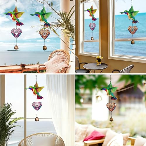 Metal Hummingbird Hanging Decor, Bird Wind Chime Bell Hanging Decor for Outdoor Garden Yard Doors Walls Living Rooms Bedrooms, 2 Pack (Bird-a-Heart) - style: bird-a-heart