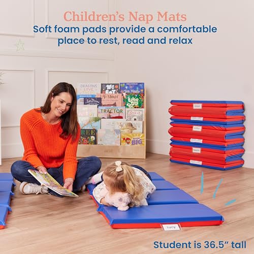 ECR4Kids Premium Folding Rest Mat, 4-Section, 2in, Sleeping Pad, Blue/Red