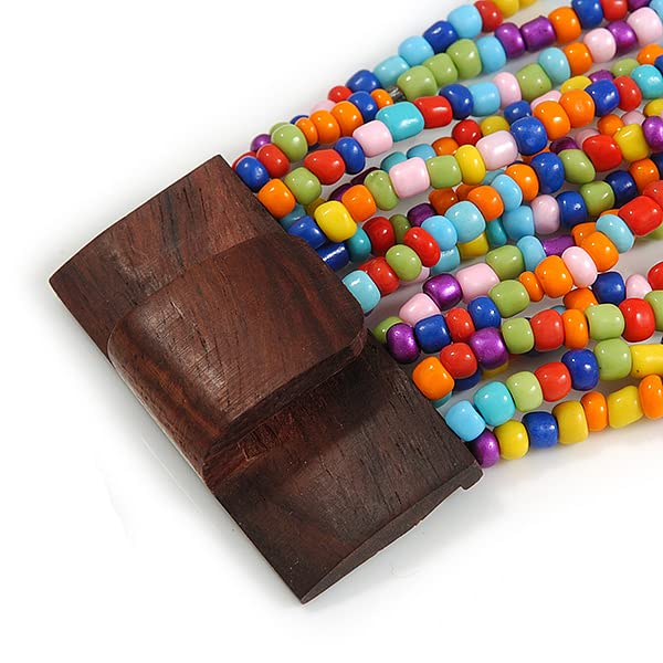 Avalaya Multicoloured Glass Bead Multistrand Flex Bracelet With Wooden Closure - 18cm L