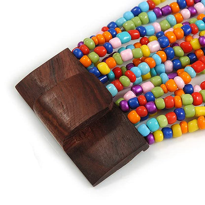 Avalaya Multicoloured Glass Bead Multistrand Flex Bracelet With Wooden Closure - 18cm L