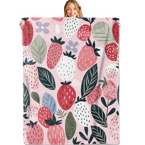 Strawberry Fruit Floral Pink Throw Blanket, 50x60in, Soft, Lightweight Flannel,Cute Red and White Berries with Leaves on Soft Pastel Blankets,Gifts for Women, for Summer Home Living Room Decor - color: Strawberry, size: 50x60in