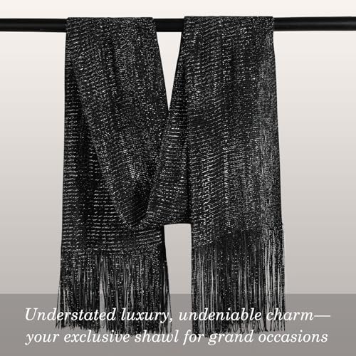 Sumolux Shawls Wraps for Evening Dresses Metallic Glitter Shawls Scarf for Women Sparkling Wedding with Free Buckle - color: Black With Silver Threads