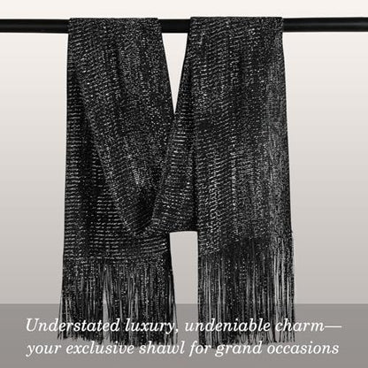 Sumolux Shawls Wraps for Evening Dresses Metallic Glitter Shawls Scarf for Women Sparkling Wedding with Free Buckle - color: Black With Silver Threads