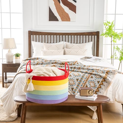 KAKAMAY Large Blanket Basket (20"x13"),Woven Baskets for storage Baby Laundry Hamper, Cotton Rope Blanket Basket for Living Room, Laundry, Nursery, Pillows, Baby Toy chest (Rainbow) - color: Rainbow