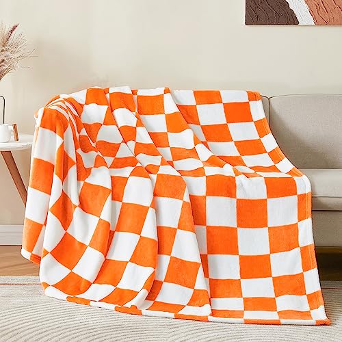 BEDELITE Checkered Twin Blanket for Couch Bed, Soft & Cozy Fleece Flannel Blanket with Checkerboard Grid Home Decor, Checkered Orange Tennessee Blanket, 60x80 Inches - color: Orange, size: Twin(60"x80")