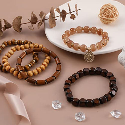 Bohemian Natural Stone Beaded Bracelets for Women Men Stackable Stretch Beads Bracelet Set with Charm and Tassel Multilayered Elastic Gemstone Bracelets Summer Beach Boho Jewelry Gift for Women - color: Brown Wooden Beads