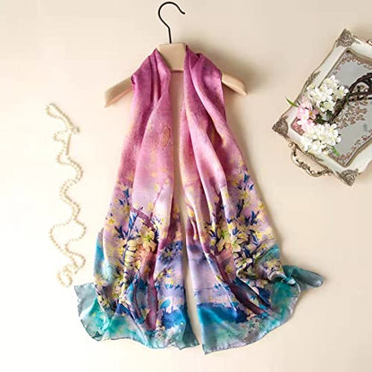 100% Mulberry Silk Long Scarf for Women Large Shawls for Headscarf and Neck- Oblong Hair Wraps with Gift Packed - color: Pink&yellow Blossoms