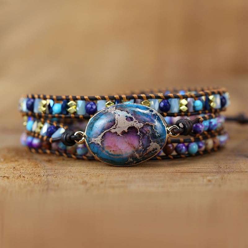 Handmade Boho Wrap Bracelets Natural Turquoise Crystal Stone Variety Beaded Strand Bracelet - color: Purple