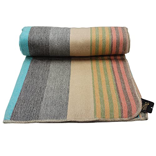 Alpaca Wool Throw Blanket | Super Soft, Lightweight, Breathable and Hypoallergenic | Non-Itchy or Scratchy (Green Gray Varicolored, Striped)