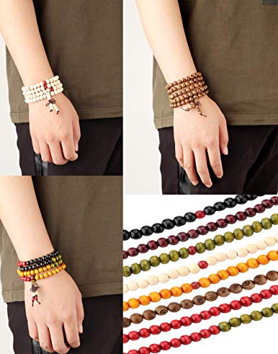 LOYALLOOK 8Pcs 108 Mala Bead Bracelets 8MM Tibetan Buddha Wood Beaded Sandalwood Link Wrist Necklace Chain Bracelets Multilayer Buddhist Prayer Strand Bracelet Meditation Necklace Elastic Chinese Knot