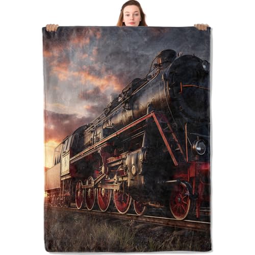 Vintage Steam Train Flannel Blanket Railway Scene and Sunset Design Warm Lightweight Throw Blankets for Sofa Picnic Travel and Gathering Decorate All Season Use Men Women Gifts 50x60in - color: Steam Train, size: 50x60 Inch