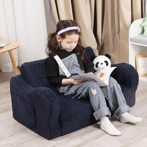 MOMCAYWEX Kids Sofa, 2-in-1 Flip-Out Foam Couch with Soft Sherpa Cover, Cozy Play Lounge Chair, Extra Wide, Dark Blue - color: Dark Blue, size: Large