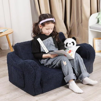 MOMCAYWEX Kids Sofa, 2-in-1 Flip-Out Foam Couch with Soft Sherpa Cover, Cozy Play Lounge Chair, Extra Wide, Dark Blue - color: Dark Blue, size: Large