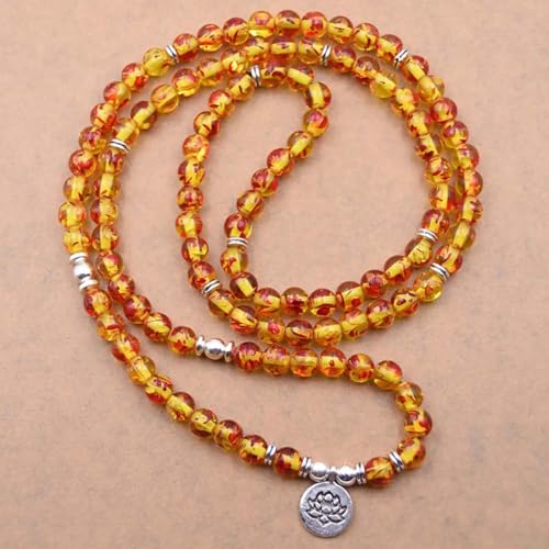 108 Mala Beads Bracelet Necklace - Gemstone Prayer Beads with Lotus Charm for Meditation & Yoga - style: Imitation Resin Amber