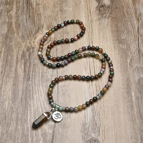 Natural Japa Mala 108 Beads Bracelet Necklace Meditation Accessories with om Chram and Reiki Quartz Hexagonal Prism Pendant - style: Indian Agate