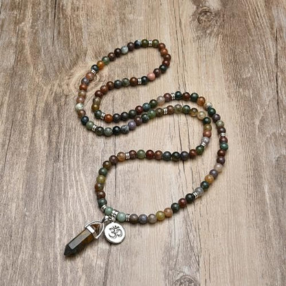 Natural Japa Mala 108 Beads Bracelet Necklace Meditation Accessories with om Chram and Reiki Quartz Hexagonal Prism Pendant - style: Indian Agate