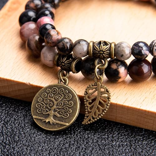 Bivei Natural Semi Precious Gemstone beads bracelet for women - Life Tree and Leaf Charm Energy Reiki Crystal Stretch Bracelets - color: Rhodonite Bracelet Set, size: Large:7.87-8.26inch