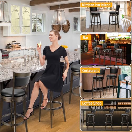 PrimeZone Swivel Bar Stools Set of 2, 24 Inch Counter Height Barstools, Black Faux Leather Bar Stool with High Backrest & Solid Wood Legs & Wrap-around Footrest, Counter Stools for Kitchen Island, Pub - size: 24" Counter Height