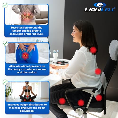 LiquiCell Coccyx Seat Cushion, Aid for Tailbone Pain Relief, Sciatica Pain, Back Support | Donut Like Butt Pillow for Long Hours Sitting at Home/Office Chair (17.5" W x 15.5" L x 2" H) - size: Regular - 17" x 15.5" x 2"