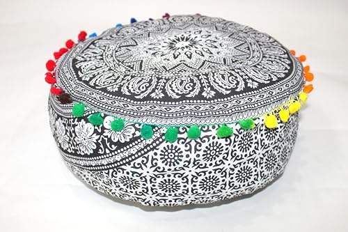 CRAFT KALA Black Elephant Flower Large Hippie Mandala Meditation Floor Ottoman Pillow Cushion Pouf Cover Square Poufs Bohemian Floor Cushion Case Outdoor Fireplace Living Room Decor Cover 24" Round - color: Black & White, size: 24"D x 24"W x 5"H