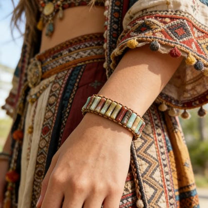 Plumiss Women Boho Handmade Natural Stone Crystal Leather Bead Wrap Bracelets Collection - style: Agalmatolite N