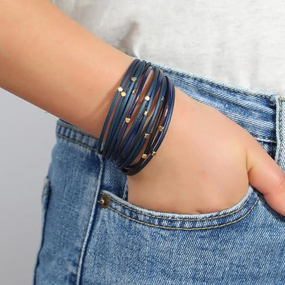 Fesciory Leopard Bracelet for Women, Boho Leather Wrap Multi-Layer Pearl Crystal Bracelet Bangle Jewelry - style: CubeBead(Navy)