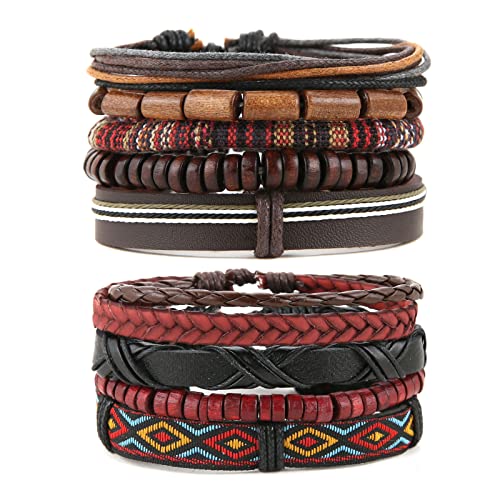 HZMAN Wrap Bracelets Men Women, Hemp Cords Wood Beads Ethnic Tribal Bracelets, Leather Wristbands - style: 2Pcs Leather Bracelets