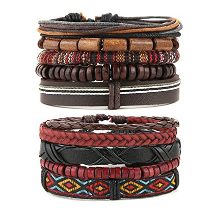 HZMAN Wrap Bracelets Men Women, Hemp Cords Wood Beads Ethnic Tribal Bracelets, Leather Wristbands - style: 2Pcs Leather Bracelets