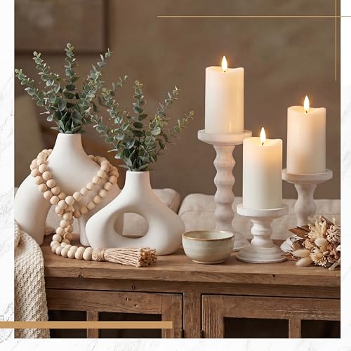 LemonRoad Farmhouse Fireplace Home Decor Set of 6 with 3 Pack Rustic Wooden Pillar Candle Holders, 2 Set Modern Vase for Living Room, 58'' Wood Bead Garland Tassels, Tabletop Dinning Buffet Decor