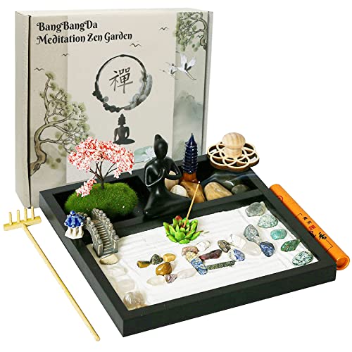 BangBangDa Desktop Meditation Yoga Zen Garden Kit Japanese Tabletop Rock Sand Chakra Shrine Altar Japanese Zen Decor Home Office Desk Zen Gifts for Women Man Birthday w/Rake Tool Accessories Bonsai