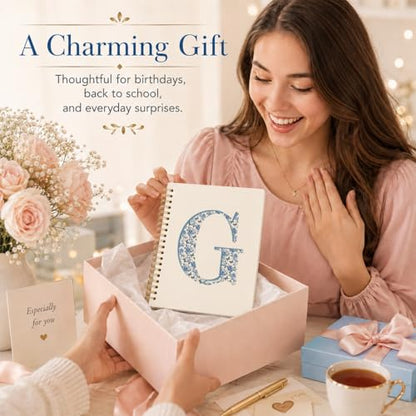 Blue Cute Initial Notebook Journal Diary Libretas Escolares G, Cute Preppy Personalized Notebook Gifts for Women Teen Girls Kids,Preppy Blue Aesthetic School Supplies for Girls 5.5x8.3
