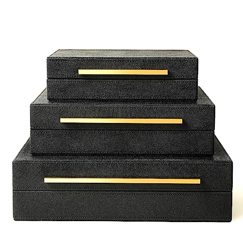Modern Decorative Box Faux Shagreen Leather, Decorative Storage Boxes with Lids for Home Decor, Large Multifunctional Storage Jewelry Box Organizer(black 3PCS) - color: Black 3PSC
