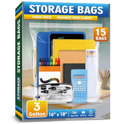 Large 3 Gallon Zippered Plastic Bags for Storage- 16'' x 18'', Ideal for Clothes Clothing, Travel, Moving, 2-mil Thick Clear Plastic, 15 pack - size: 3 gal-15 pack