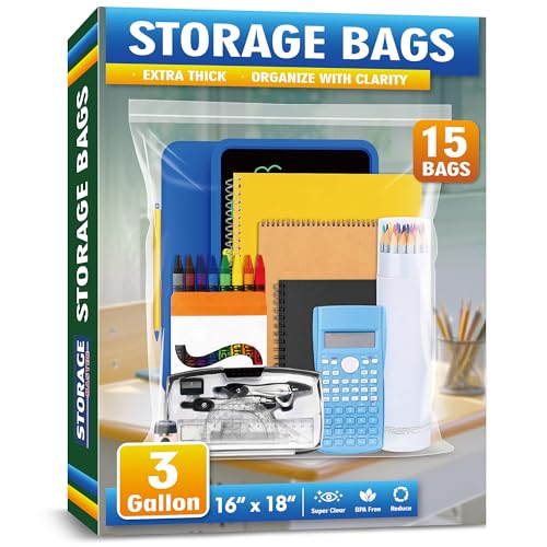 Large 3 Gallon Zippered Plastic Bags for Storage- 16'' x 18'', Ideal for Clothes Clothing, Travel, Moving, 2-mil Thick Clear Plastic, 15 pack - size: 3 gal-15 pack