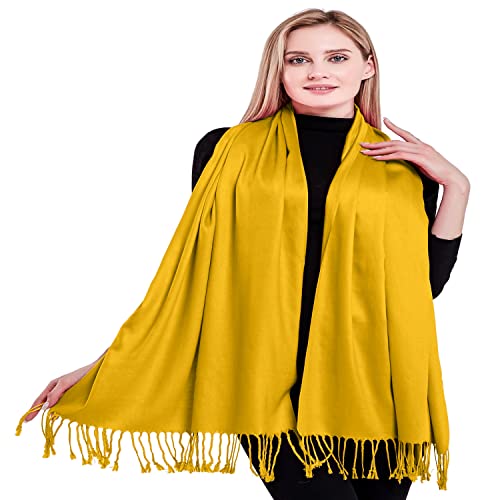 CJ Apparel Solid Color Tassels Design Nepalese Shawl Scarf Wrap Stole Throw Head Wrap Pashmina Gift Hand Made in Nepal New - color: Amber Yellow