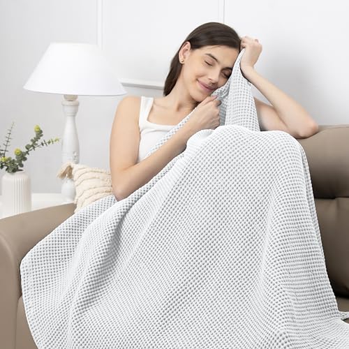 Throw Blanket for Couch, 100% Cotton Soft Lightweight Breathable Summer Blanket Throws, Waffle Weave Throw Size Bed Blanket: White (50"x60") - color: White, size: Throw (50" x 60")